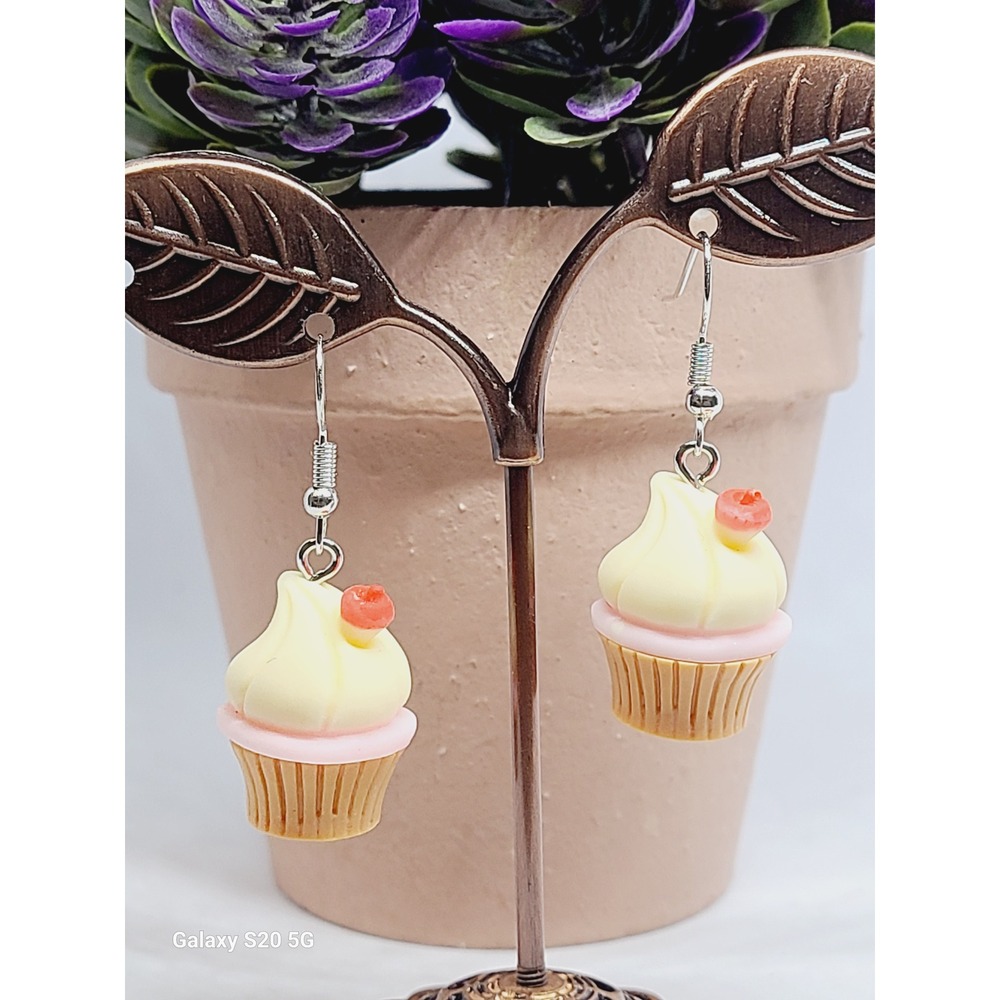 Cupcake Dangle Earrings in Cream and Pink - Cute Dessert Jewelry